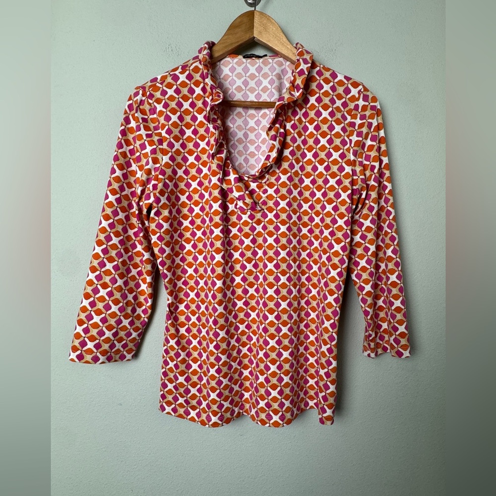 J.McLaughlin Catalina Cloth Durham Ruffle Top in Essex Geo Red Pink Pattern L